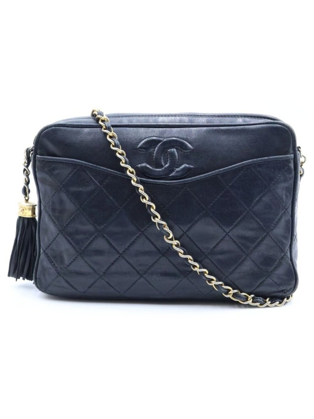Chanel Quilted Fringe Chain Shoulder Bag Tassel Lambskin Black
